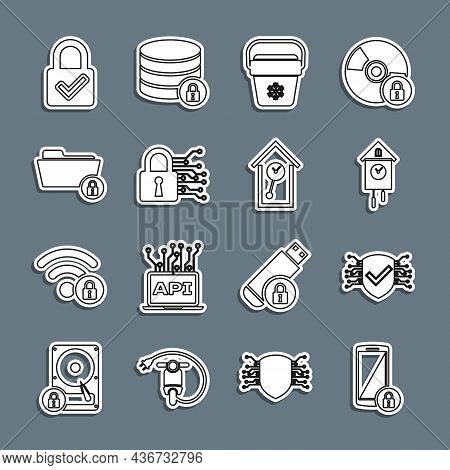Set Line Smartphone With Lock, Cyber Security, Retro Wall Watch, Cooler Bag, Folder And, Lock Check 