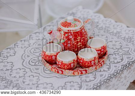 Tea Set Used In A Chinese Wedding Tea Ceremony. Chinese Wedding Tea Ceremony Serving To Elders. The 
