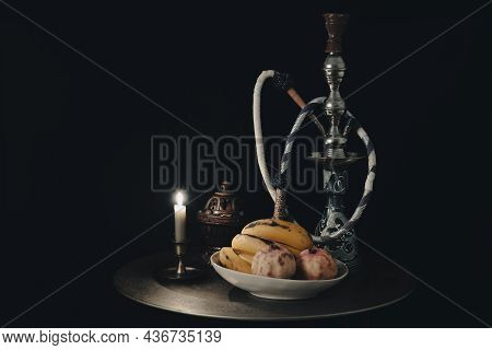 Shisha Hookah Together With Fruit And Candles. Shisha Concept.