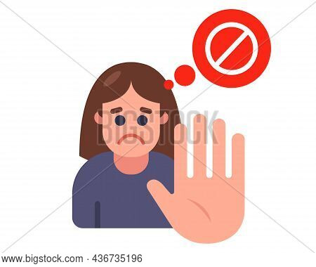 Sign Of A Girl Who Shows A Stop Hand Gesture. Failure Of A Girl On A White Background. Flat Vector I