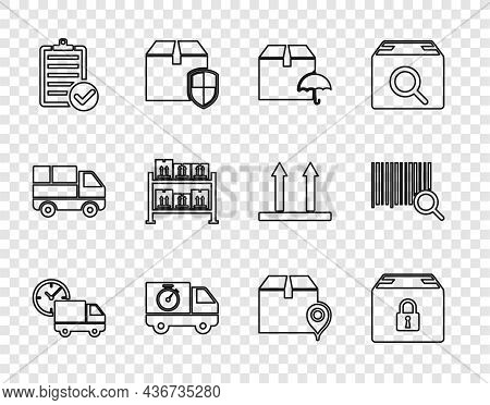 Set Line Delivery Truck And Clock, Locked Package, With Umbrella, Stopwatch, Verification Of Deliver