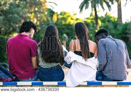 Back Of A Multracial Group Of Students Sitting On A Bench Outdoors Studying