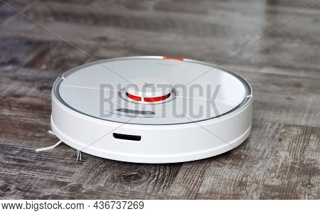 Tallinn, Estonia - October 10, 2021: Xiomi S7 Roborock Vacuum Cleaner Performs Automatic Cleaning Of