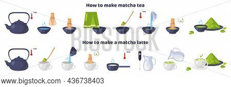 Japanese Ceremony With Matcha. How To Make Matcha Tea And Latte. Steps To Get Finished Japanese Heal