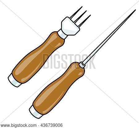 Ice Pick And Chipper Bar Restaurant Kitchen Accessory. Hand-drawn Doodle Cartoon Style Vector Image.