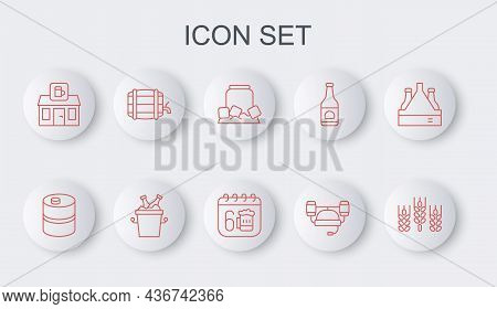 Set Line Wheat, Metal Beer Keg, Cold Can, Beer Helmet, Store Building Of Shop, Wooden Barrel On Rack