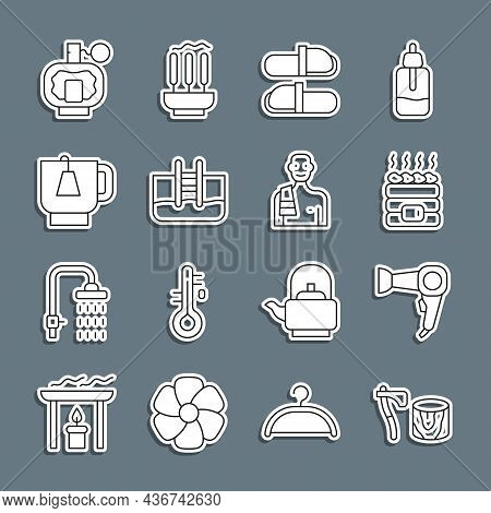 Set Line Wooden Axe In Stump, Hair Dryer, Hot Sauna Stones, Sauna Slippers, Swimming Pool With Ladde