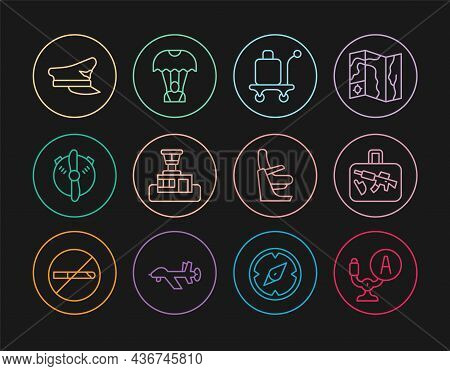 Set Line Aircraft Steering Helm, Suitcase, Trolley Baggage, Airport Control Tower, Plane Propeller, 