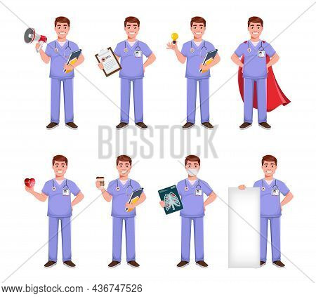Handsome Doctor In Professional Uniform. Male Doctor, Set Of Eight Poses. Stock Vector Illustration