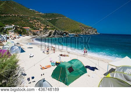 Kalamos, Evia, Greece-Avg 6, 2019: The Kalamos beach in Evia island, Greece.