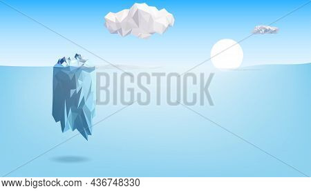 Sea Scape Ice Berge With Sunrise Blue Sky Template Background Vector, Triangle And Geometric Shape C