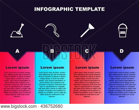 Set Line Shovel In The Ground, Sickle, Garden Rake For Leaves And Bucket. Business Infographic Templ