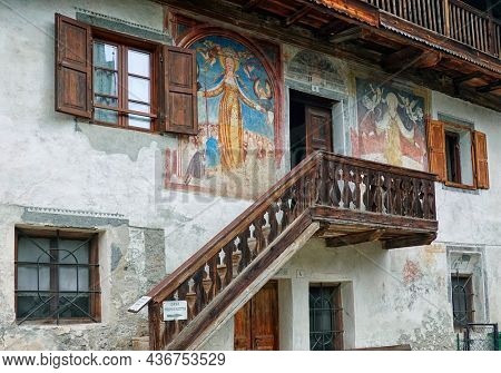 FIERA DI PRIMIERO, ITALY -  27 september 2021 - Architectural detail in Fiera di Primiero, Pale di San Martino, Trentino Alto-Adige, Italy, Europe                             