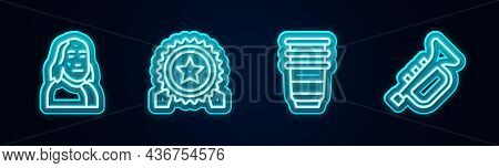 Set Line Benjamin Franklin, Medal With Star, Paper Glass And Trumpet. Glowing Neon Icon. Vector