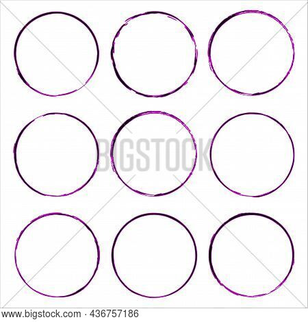 Violet Ink Round Frames. Silhouette Art. Doodle Concept. Ink Style. Decorative Logo. Vector Illustra