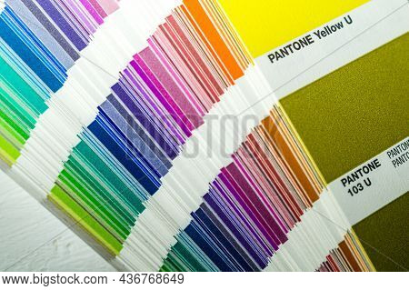 Pantone System. Color Samples. Color Palette. Cardboard Cards With A Sample And Color Code. Selectiv
