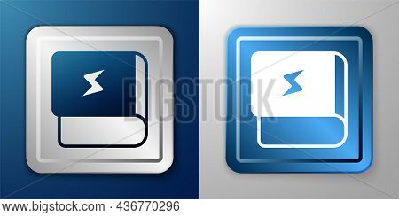 White Book About Electricity Icon Isolated On Blue And Grey Background. Silver And Blue Square Butto