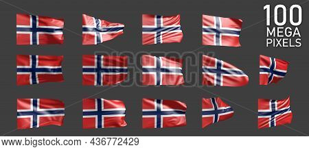 Norway Flag Isolated - Different Images Of The Waving Flag On Grey Background - Object 3d Illustrati