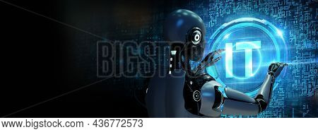 It Consultant Presenting Tag Cloud About Information Technology.robot Pressing Button On Virtual Scr