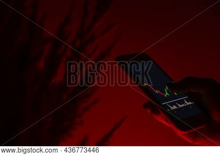 Stock Market Graph For Tranding And Investment In Security Exchange. Woman Holding Phone Show The St