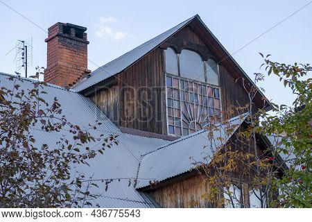 Stained Glass In A Wooden Frame Of A Private House.
