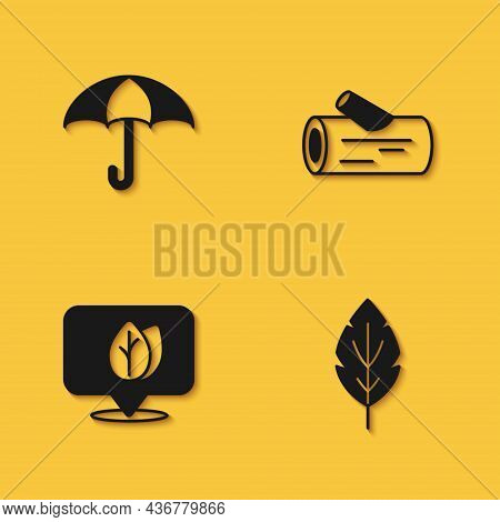 Set Umbrella, Leaf, Location With Leaf And Wooden Log Icon With Long Shadow. Vector