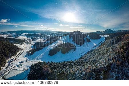 Panoramic aerial winter view of the ski center Vysne Ruzbachy, north Slovakia