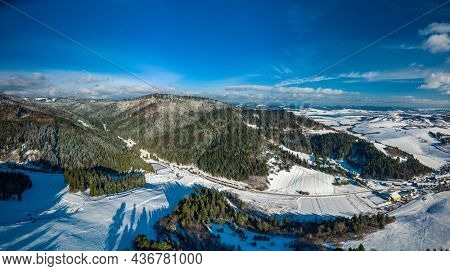 Panoramic aerial winter view of the ski center Vysne Ruzbachy, north Slovakia