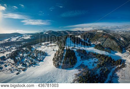 Panoramic aerial winter view of the ski center Vysne Ruzbachy, north Slovakia