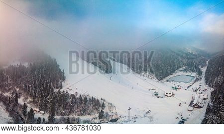 Panoramic aerial winter view of the ski center Vysne Ruzbachy, north Slovakia