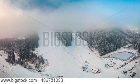 Panoramic aerial winter view of the ski center Vysne Ruzbachy, north Slovakia