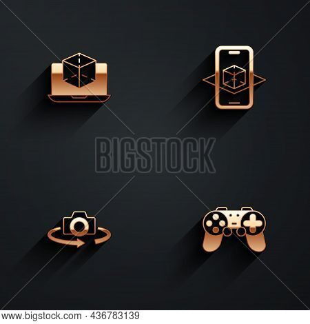 Set 3d Modeling, 360 Degree View And Gamepad Icon With Long Shadow. Vector