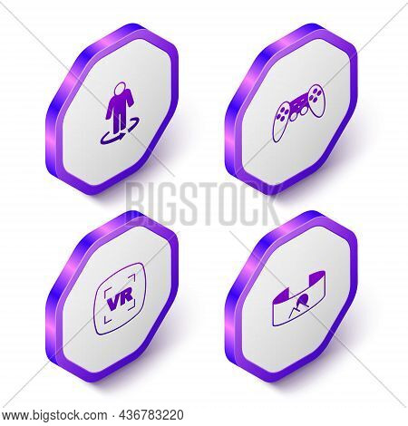 Set Isometric 3d Modeling, Gamepad, Virtual Reality And 360 Degree View Icon. Purple Hexagon Button.