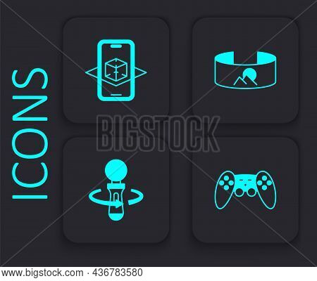 Set Gamepad, 3d Modeling, 360 Degree View And Vr Controller Game Icon. Black Square Button. Vector
