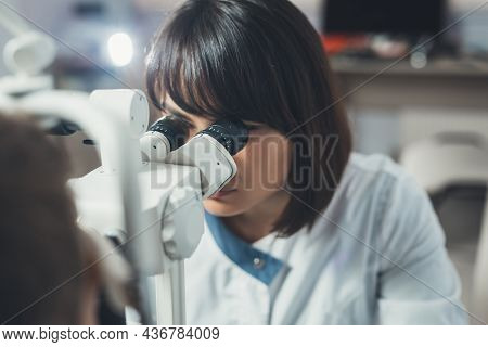 Doctor Scientist Looking Through A Microscope. Scientific Experiment, Hypothesis. Vision Tests At Ho