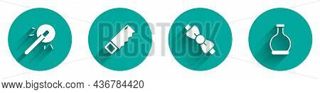 Set Magic Wand, Hand Saw, Bow Tie And Bottle With Potion Icon With Long Shadow. Vector