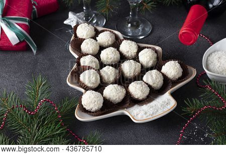 Sweet Coconut Rafaello Candies Served In Plate As Christmas Tree.