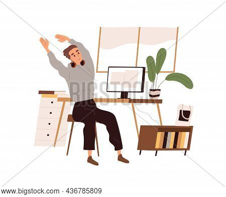 Office Worker Stretching At Break After Work With Computer. Happy Man Sitting At Workplace At End Of