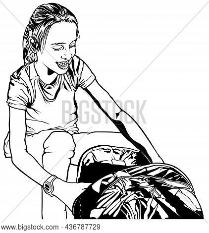 Smiling Young School Girl With Backpack On Ground - Black And White Drawing Illustration 