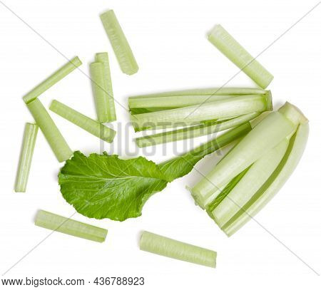 Isolated Cantonese Vegetables. Top View Cantonese Vegetables With Leaves Slice For Cooking On White 