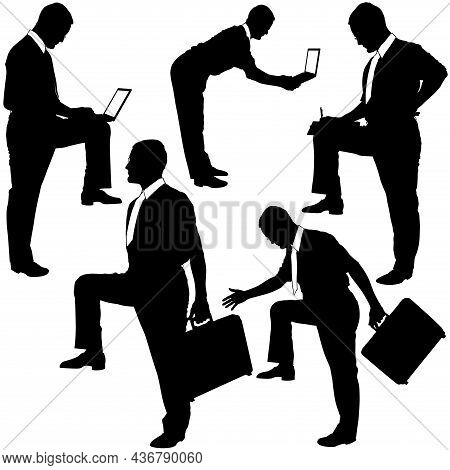 Set Of Businessman Silhouettes - Black Illustrations Isolated On White Background, Vector
