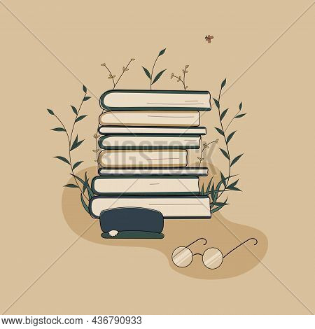 Concept:book Is Source Of Knowledge.glasses With A Case Stack Of Books And Reading Book.pile Of Volu