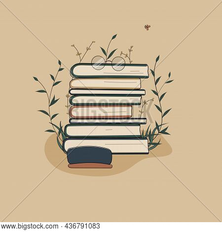 Concept:book Is Source Of Knowledge.glasses On Stack Of Books And Case Near Reading Book.pile Of Vol