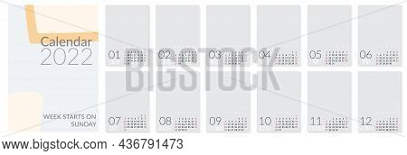 Vertical Wall Calendar Template For 2022 Year. Set Of 12 Months. Week Starts On Sunday. Planner In M