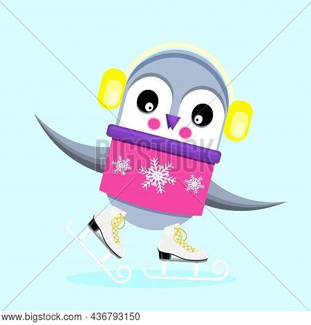 Сute Penguin Ice Skating. Flat Vector Illustration.