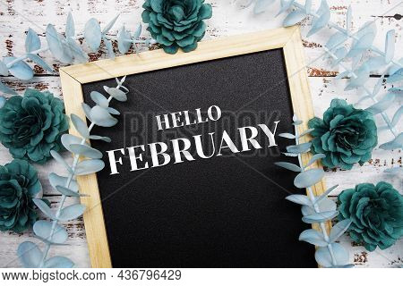 Hello February Typography Text And Flower Dcoration On Blackboard Background