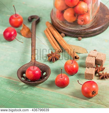 Paradise Apples, On The Wooden Table In The Rustic Style, Iron Mug