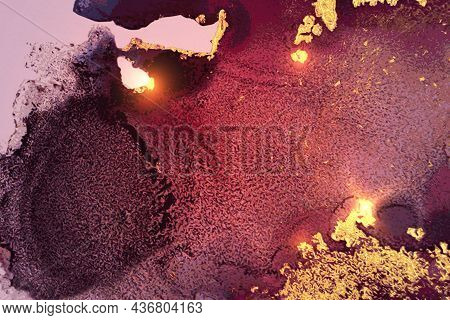 Maroon And Gold Abstract Background. Alcohol Ink Marble Texture