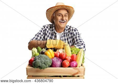 Mature farmer leaning on a crate full of fresh healthy vegetabales isolated on white background