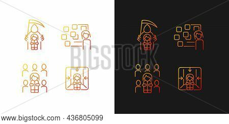 Fears And Phobias Gradient Icons Set For Dark And Light Mode. Fear Of Crowd, Death. Panic Attack. Th